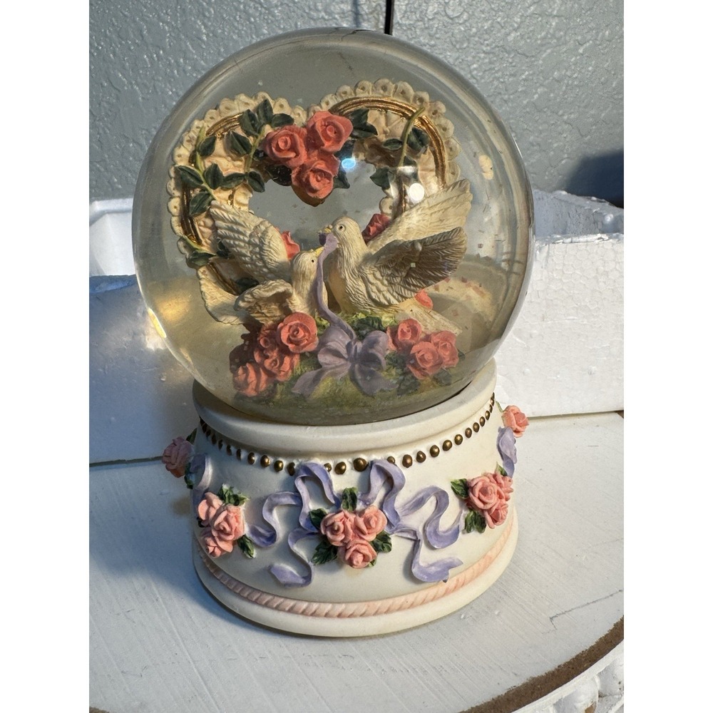Vintage Musical Snow Globe Double Doves Heart Music Box Plays "Love Song" New - Picture 1 of 11